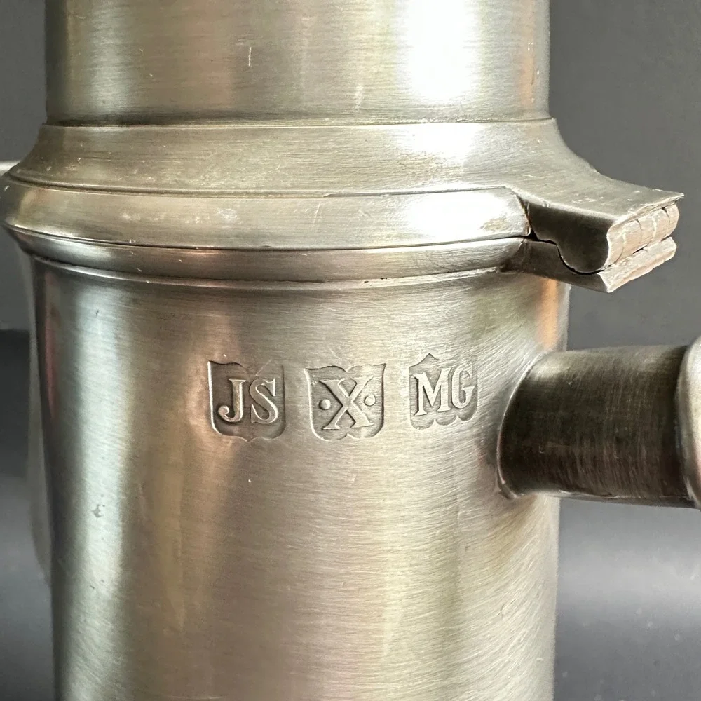John Somers Pewter Coffee Pot Vintage Silver Wood Handle Brazil JS MG Hallmarks